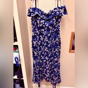 Xscape Navy Blue Floral Off-Shoulder Maxi Dress